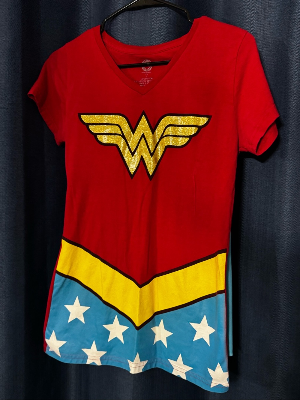 Marvel Red Wonder Woman Graphic V-Neck Tee with Yellow and Blue Star Panel